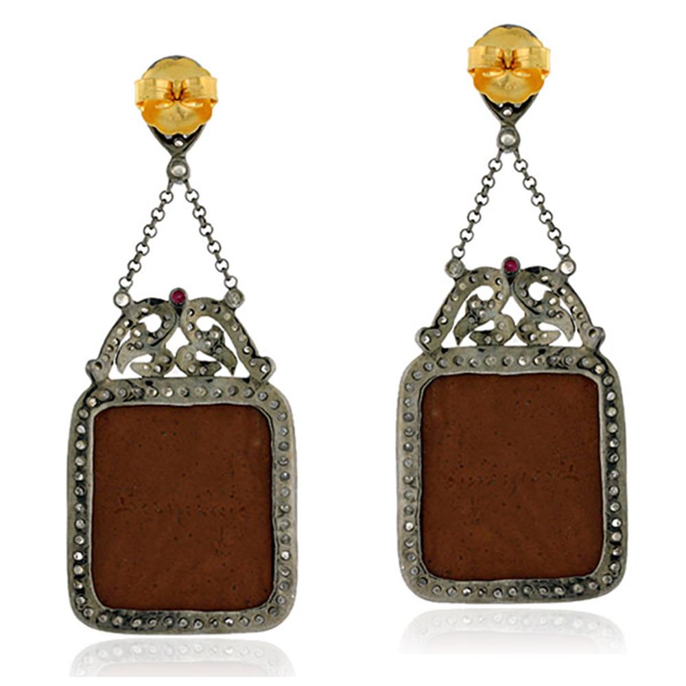 Art Nouveau Carved Lava Quartz Earring With Ruby & Diamonds Made in 18k Yellow Gold & Silver For Sale