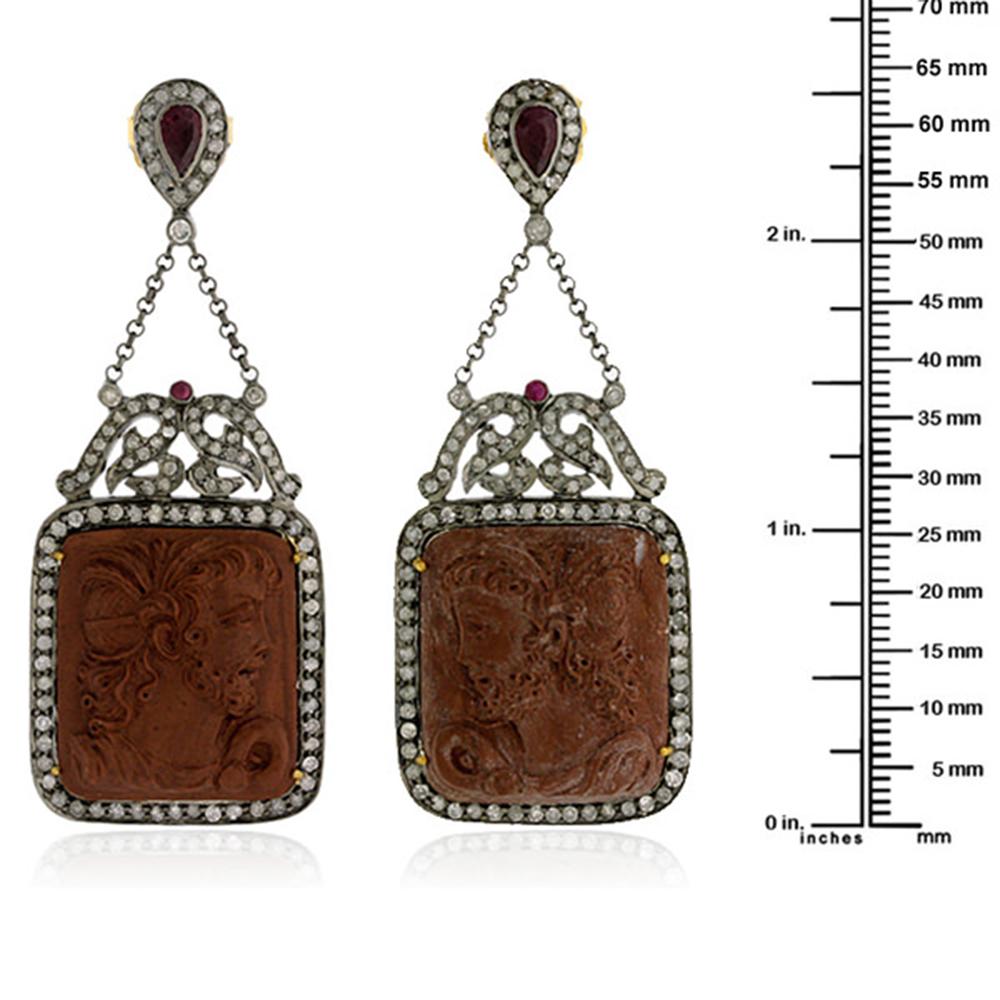 Round Cut Carved Lava Quartz Earring With Ruby & Diamonds Made in 18k Yellow Gold & Silver For Sale