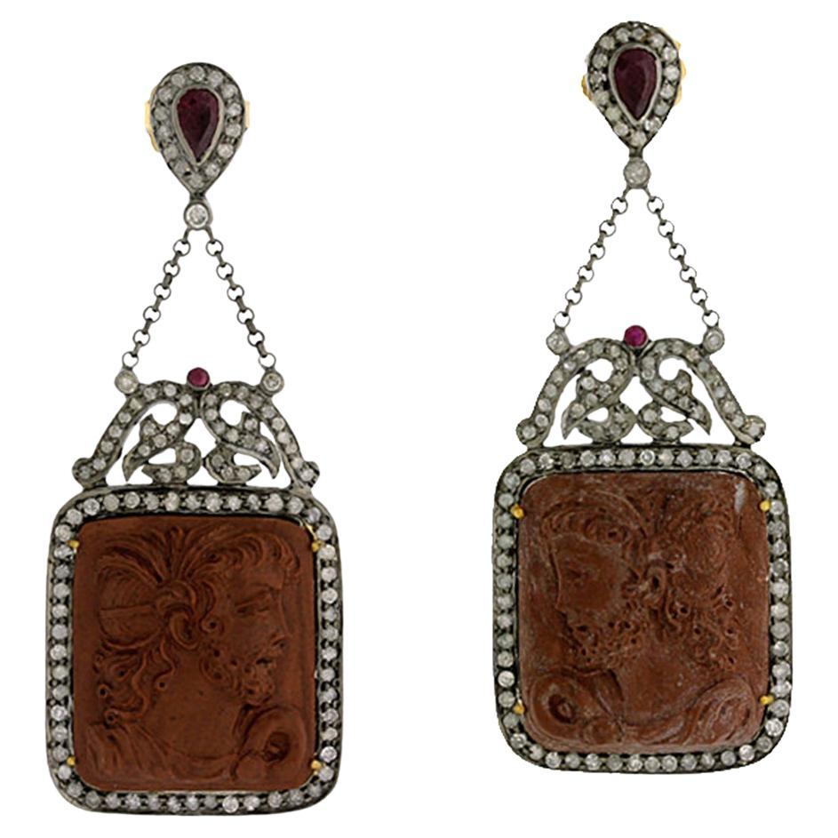 Carved Lava Quartz Earring With Ruby & Diamonds Made in 18k Yellow Gold & Silver For Sale