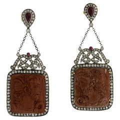 Carved Lava Quartz Earring With Ruby & Diamonds Made in 18k Yellow Gold & Silver