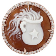 Carved Shell Cameos Ring with Pave Diamond Set Made in 18k Rose Gold