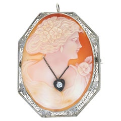 Carved Shell & Diamond Art Deco Cameo Brooch / Pendant, 14k White Gold Retro