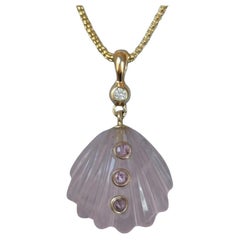 Carved Shell Necklace, Rose Quartz, Pink Sapphires and Diamond on 14k Gold Chain
