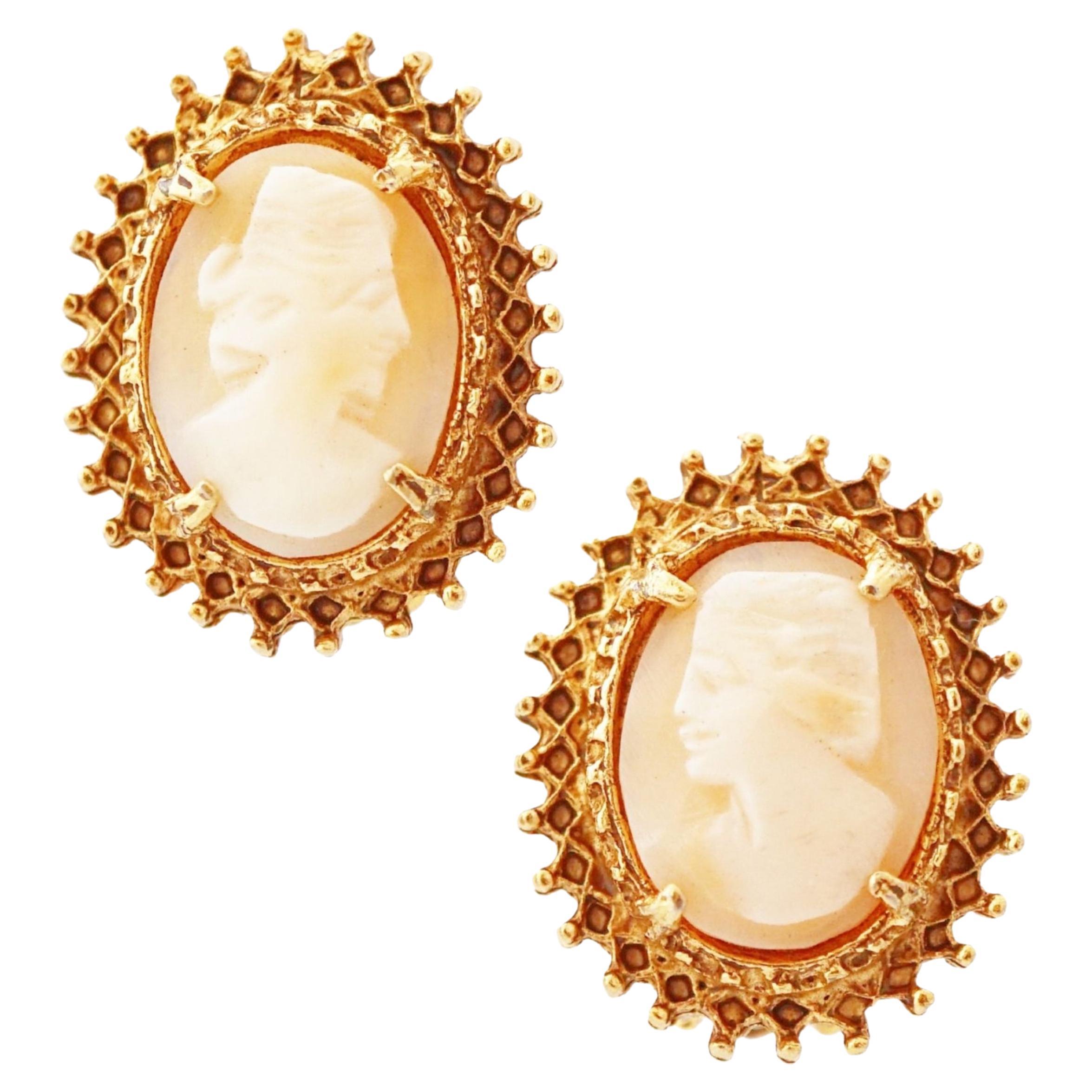 Carved Shell Oval Cameo Earrings By Florenza, 1960s For Sale