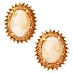 Vintage Carved Shell Oval Cameo Earrings By Florenza, 1960s