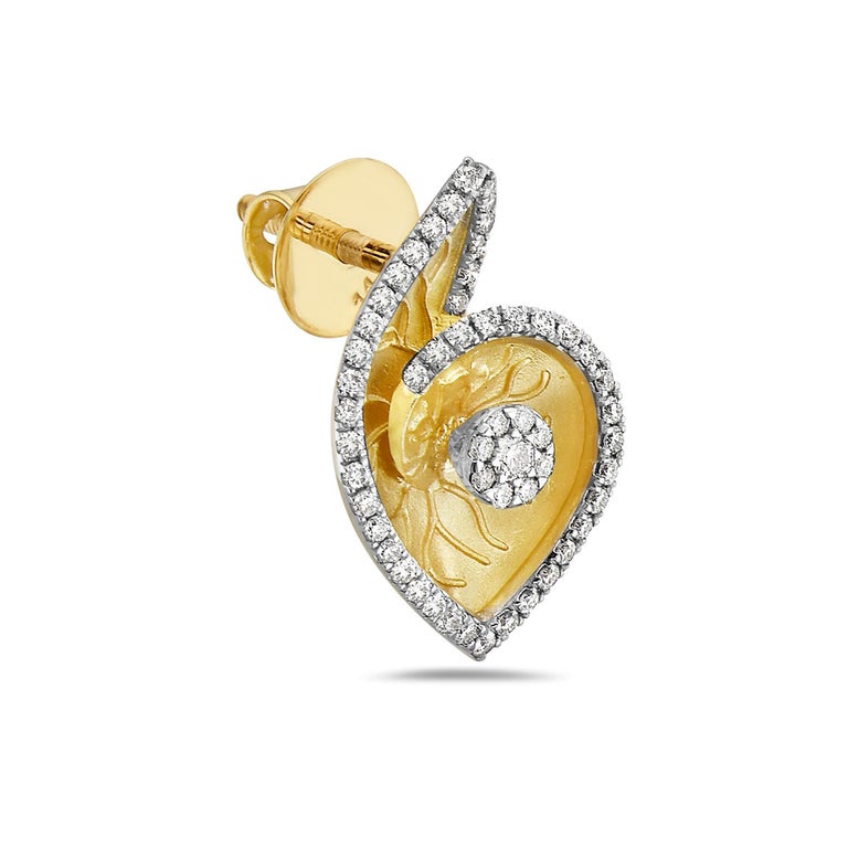Carved Shell Shaped Earrings Made in 14k Yellow Gold with Diamonds on