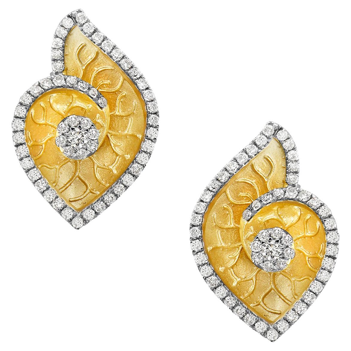 Carved Shell Shaped Earrings Made in 14k Yellow Gold with Diamonds on the Edge