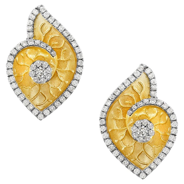 Carved Shell Shaped Earrings Made in 14k Yellow Gold with Diamonds on