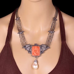 Carved Skull Coral with Bat Designed Rope Necklace with Multi Gemstone