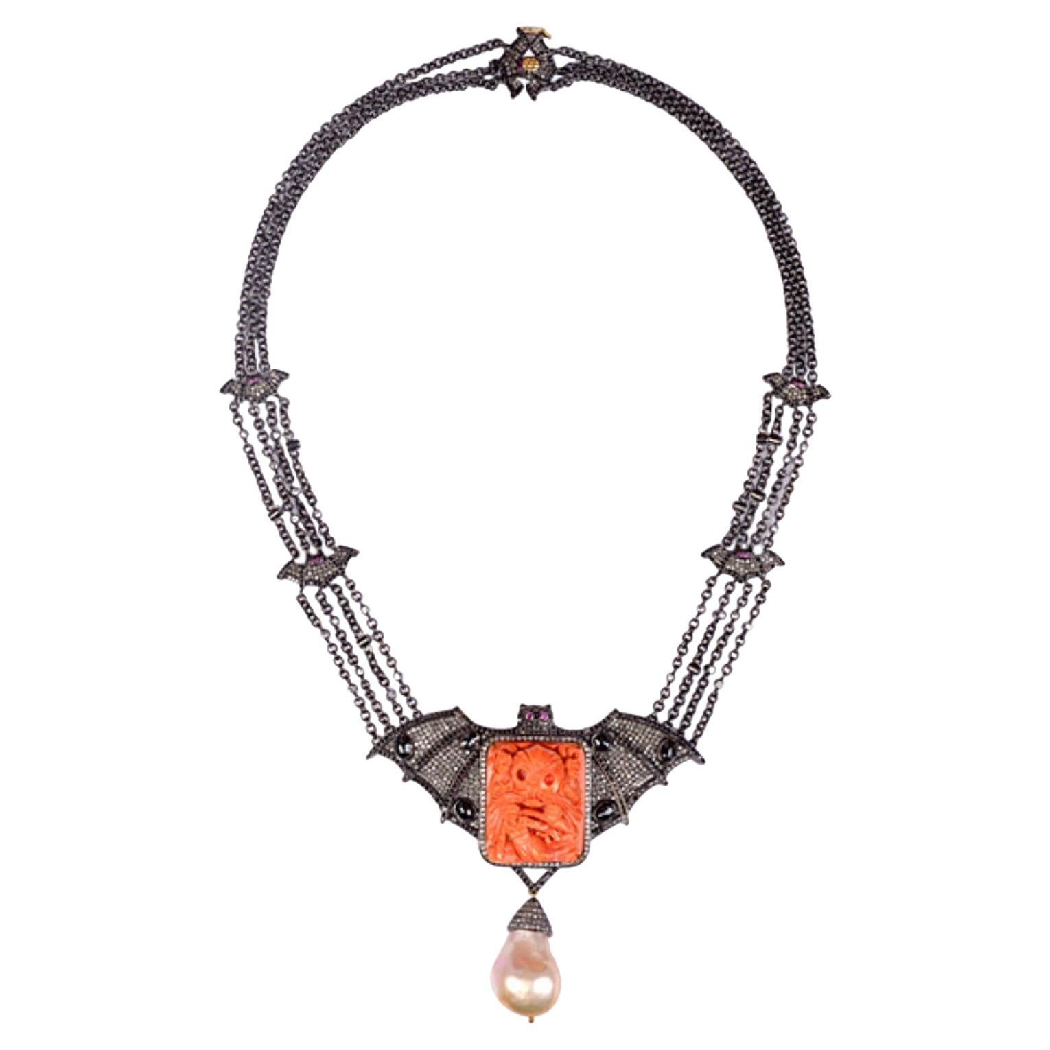 Carved Skull Coral with Bat Designed Rope Necklace with Multi Gemstone For Sale