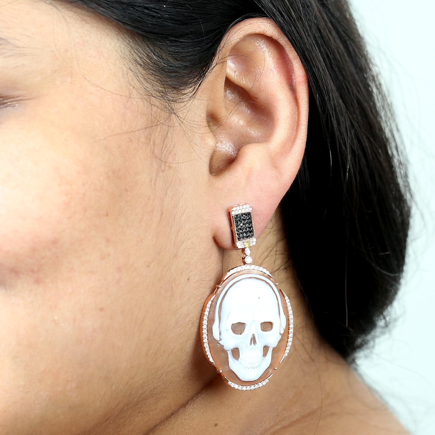 Contemporary Carved Skull Sardonyx Earrings With Diamonds Made In 18k Rose Gold For Sale