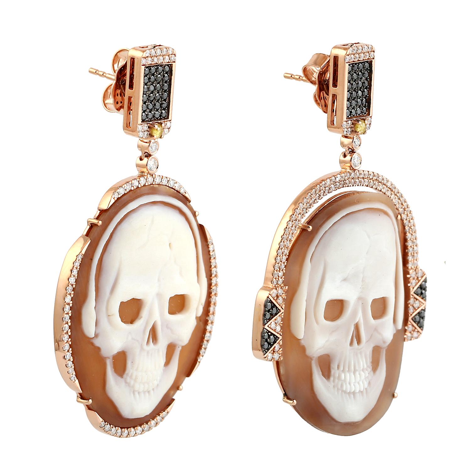 Mixed Cut Carved Skull Sardonyx Earrings With Diamonds Made In 18k Rose Gold For Sale