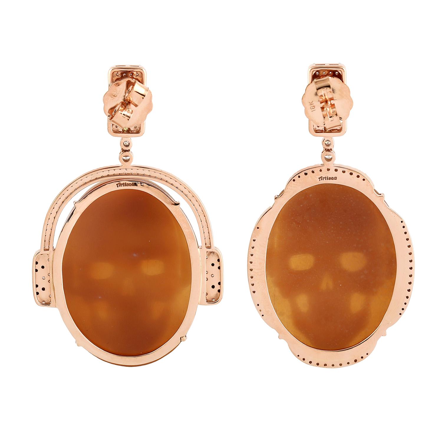Carved Skull Sardonyx Earrings With Diamonds Made In 18k Rose Gold In New Condition For Sale In New York, NY