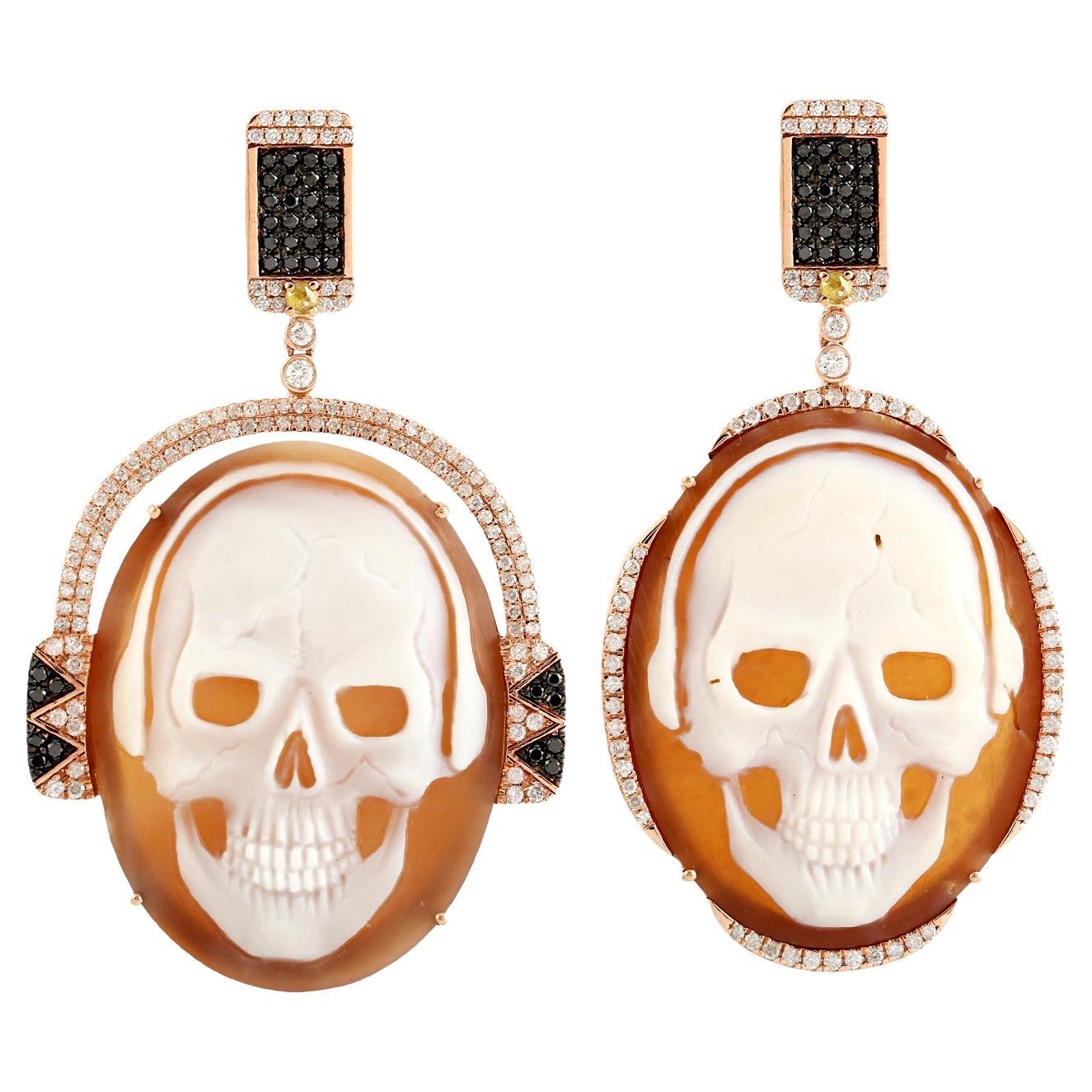 Carved Skull Sardonyx Earrings With Diamonds Made In 18k Rose Gold For Sale