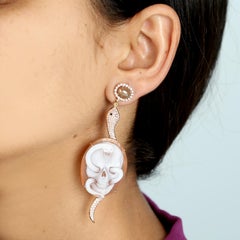 Carved Snake & Skull On Sardonyx Earring With Diamonds In 18k Rose Gold
