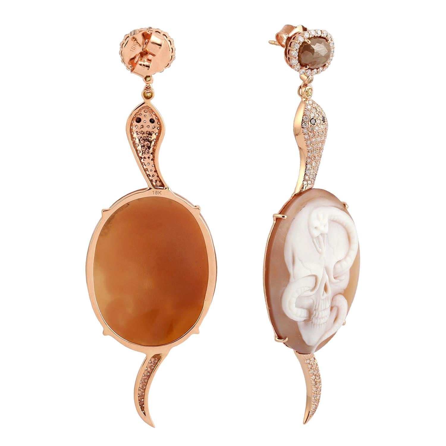 Mixed Cut Carved Snake & Skull On Sardonyx Earring With Diamonds In 18k Rose Gold For Sale