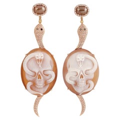 Carved Snake & Skull On Sardonyx Earring With Diamonds In 18k Rose Gold