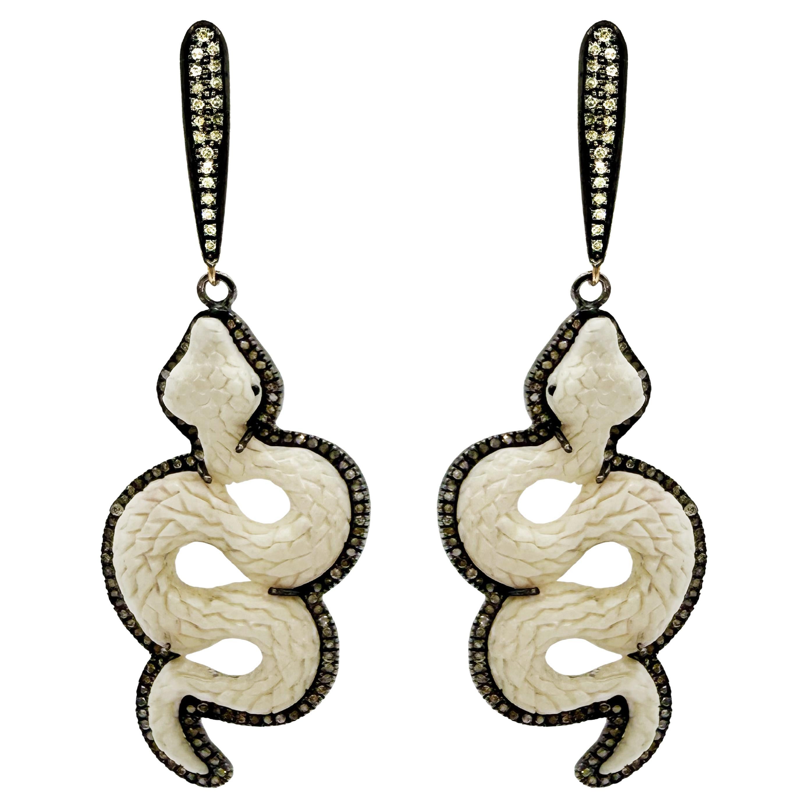 Artisan Carved Snakes with Pave Diamonds Paradizia Earrings For Sale