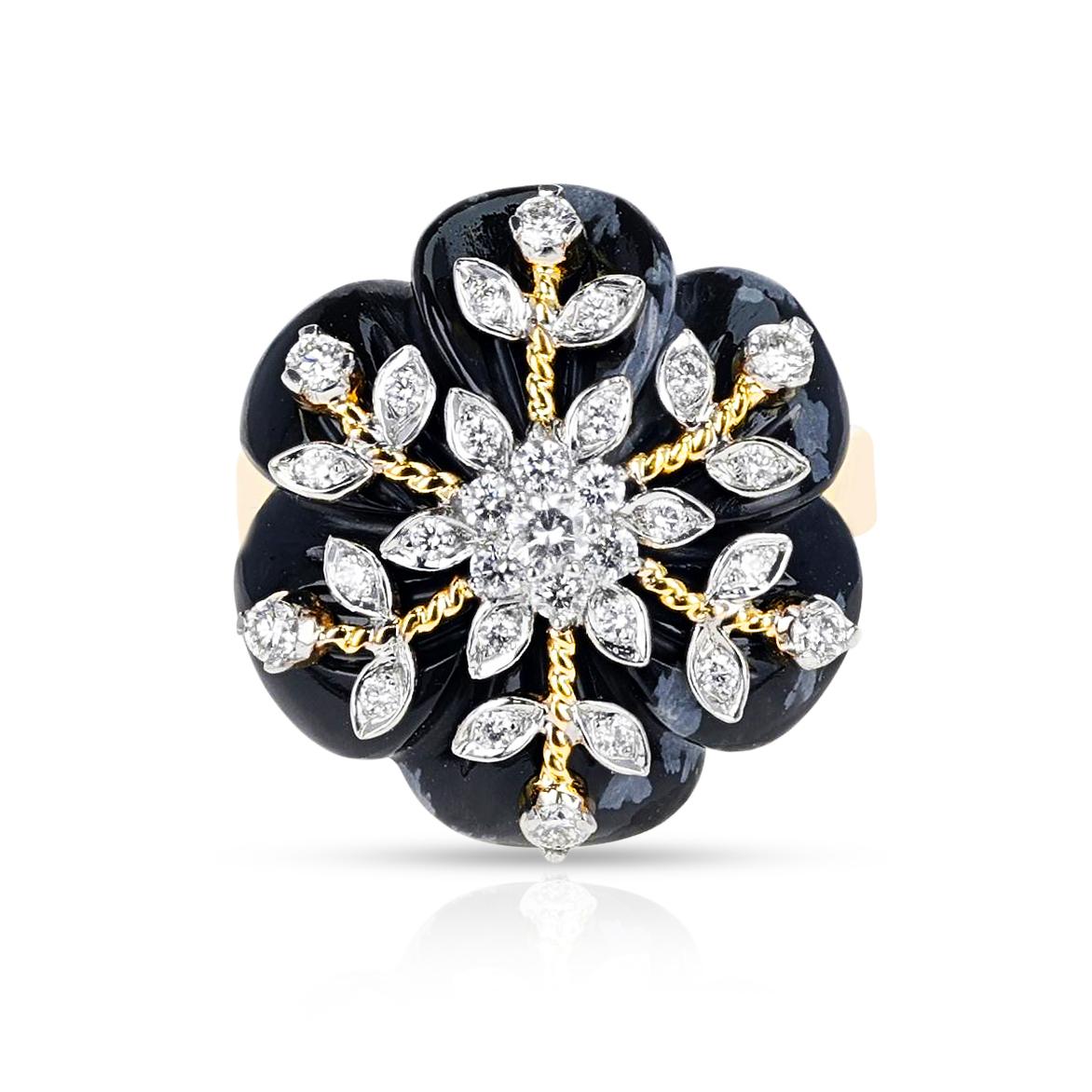 A 11.35 carat Snowflake Obsidian Ring with 0.39 carats of Diamonds made in 14 Karat Yellow Gold. The total weight of the ring is 5.02 grams. Ring Size 6.25. 