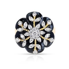 Carved Snowflake Obsidian Ring with Diamonds, 14k