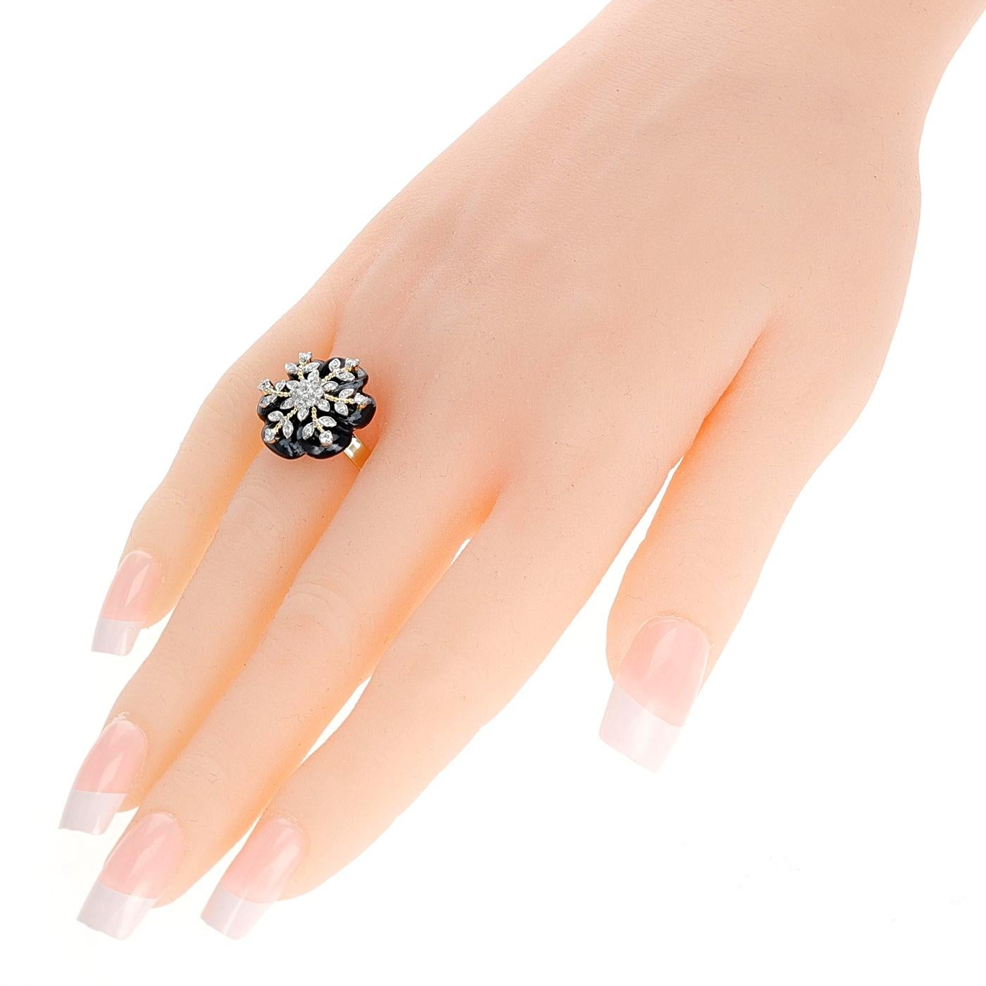 Round Cut Carved Snowflake Obsidian Ring with Diamonds, 14k For Sale