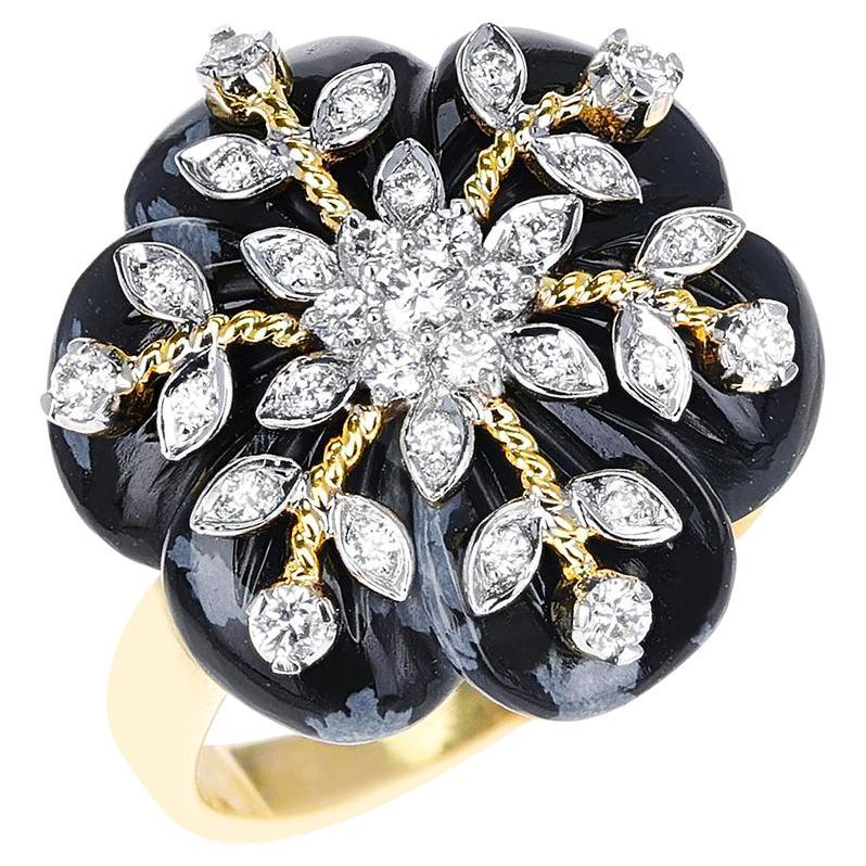 Carved Snowflake Obsidian Ring with Diamonds, 14k