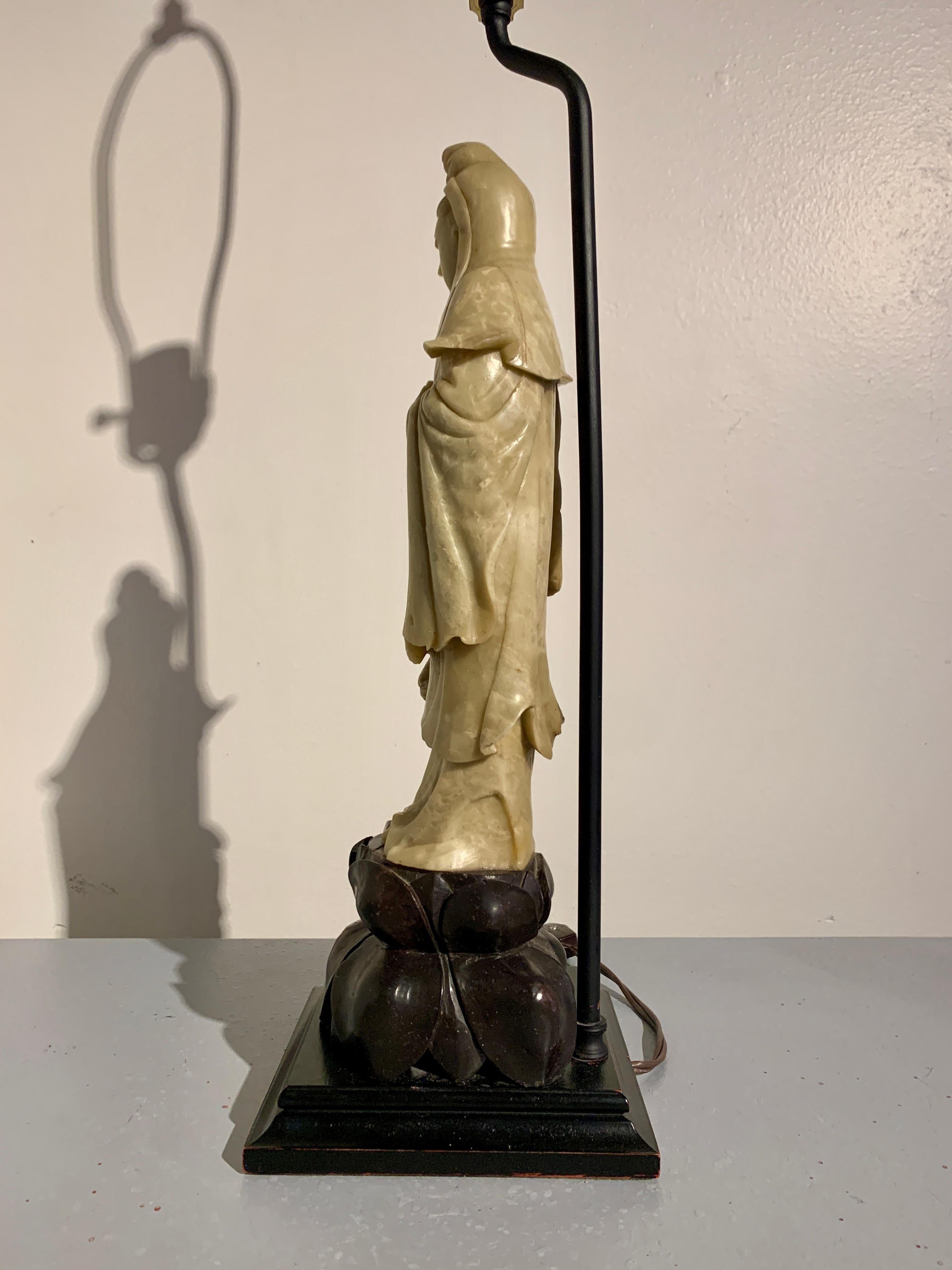 Painted Carved Soapstone Guanyin and Attendant Lamp, Mid 20th Century, China and USA