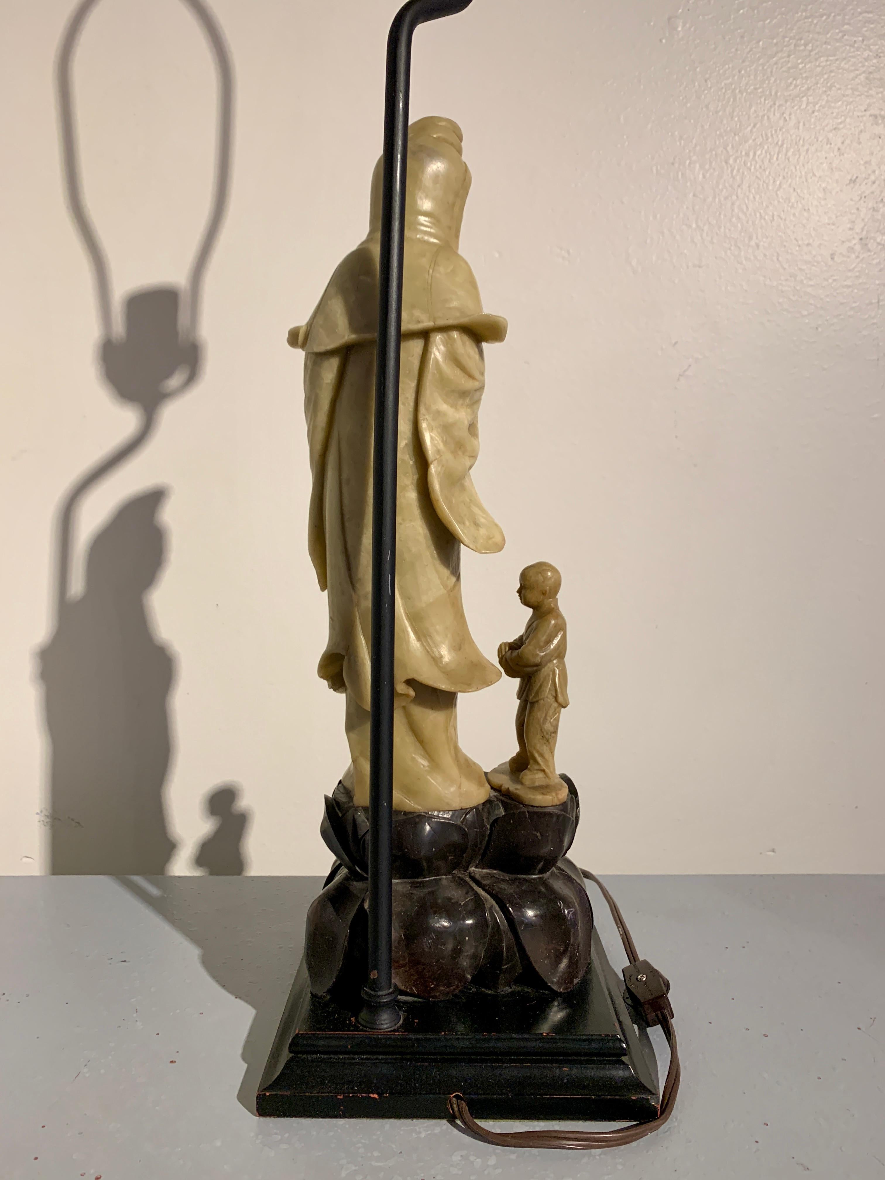 Carved Soapstone Guanyin and Attendant Lamp, Mid 20th Century, China and USA In Good Condition In Austin, TX