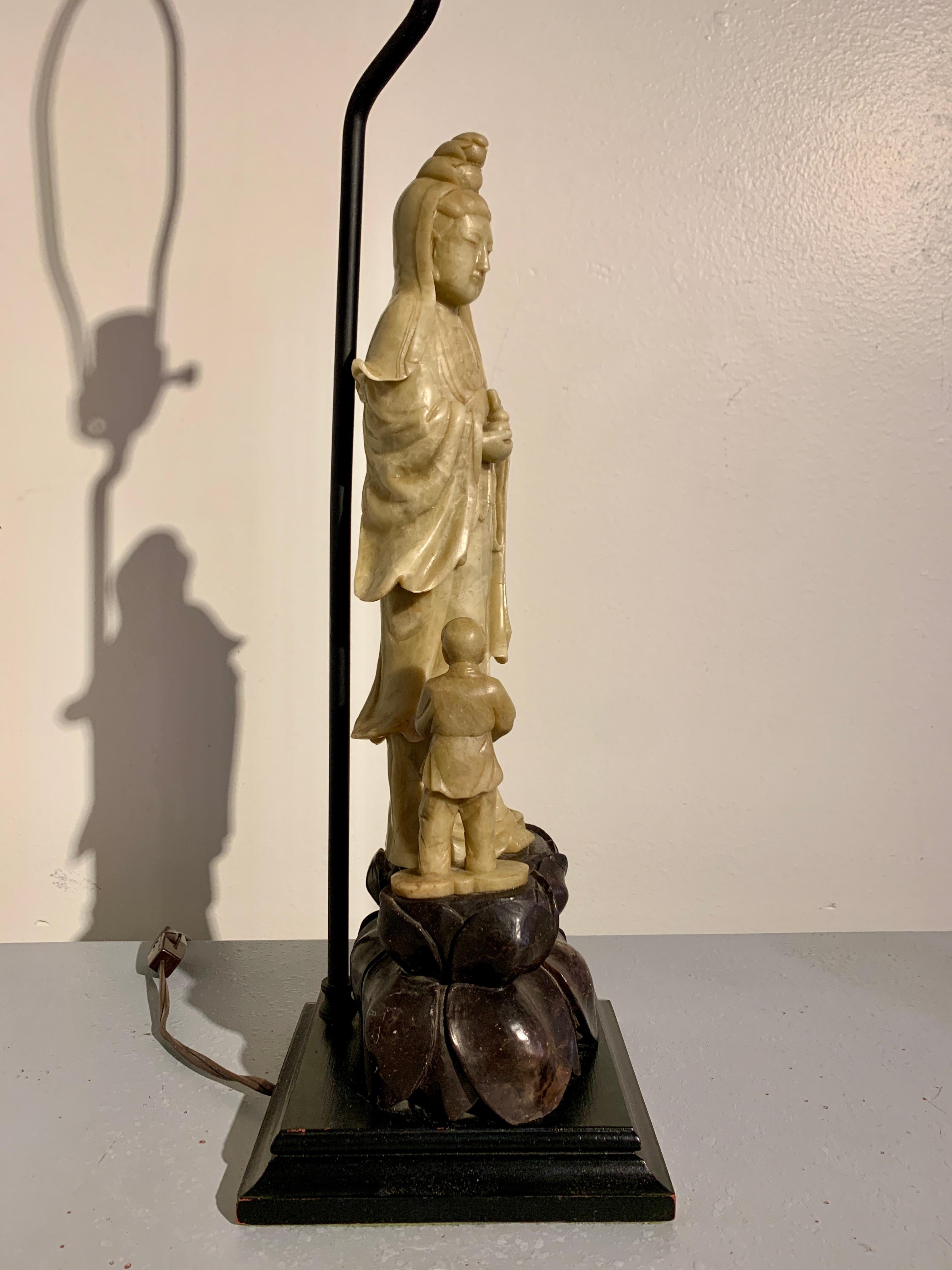 Carved Soapstone Guanyin and Attendant Lamp, Mid 20th Century, China and USA 1