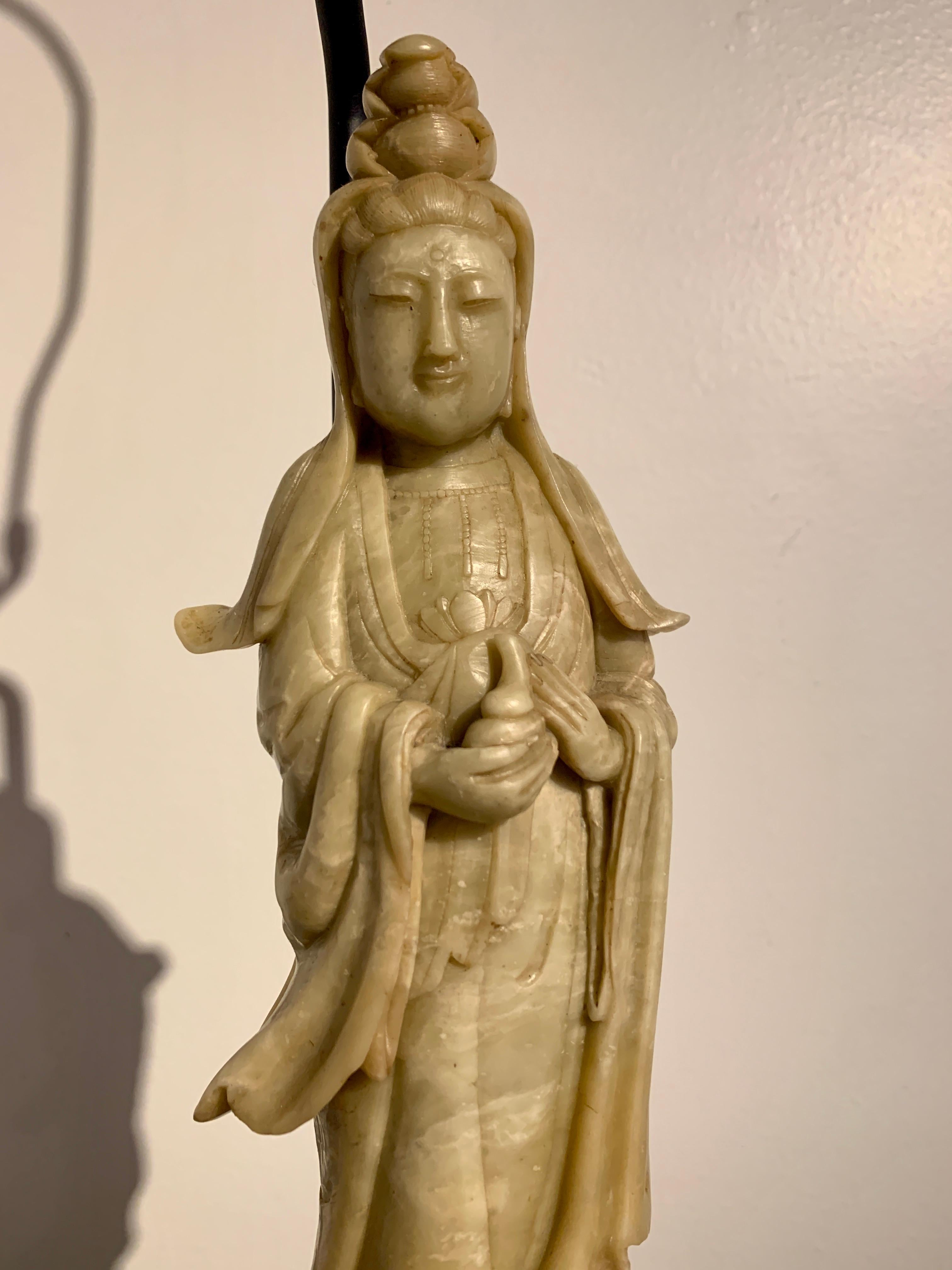 Carved Soapstone Guanyin and Attendant Lamp, Mid 20th Century, China and USA 2