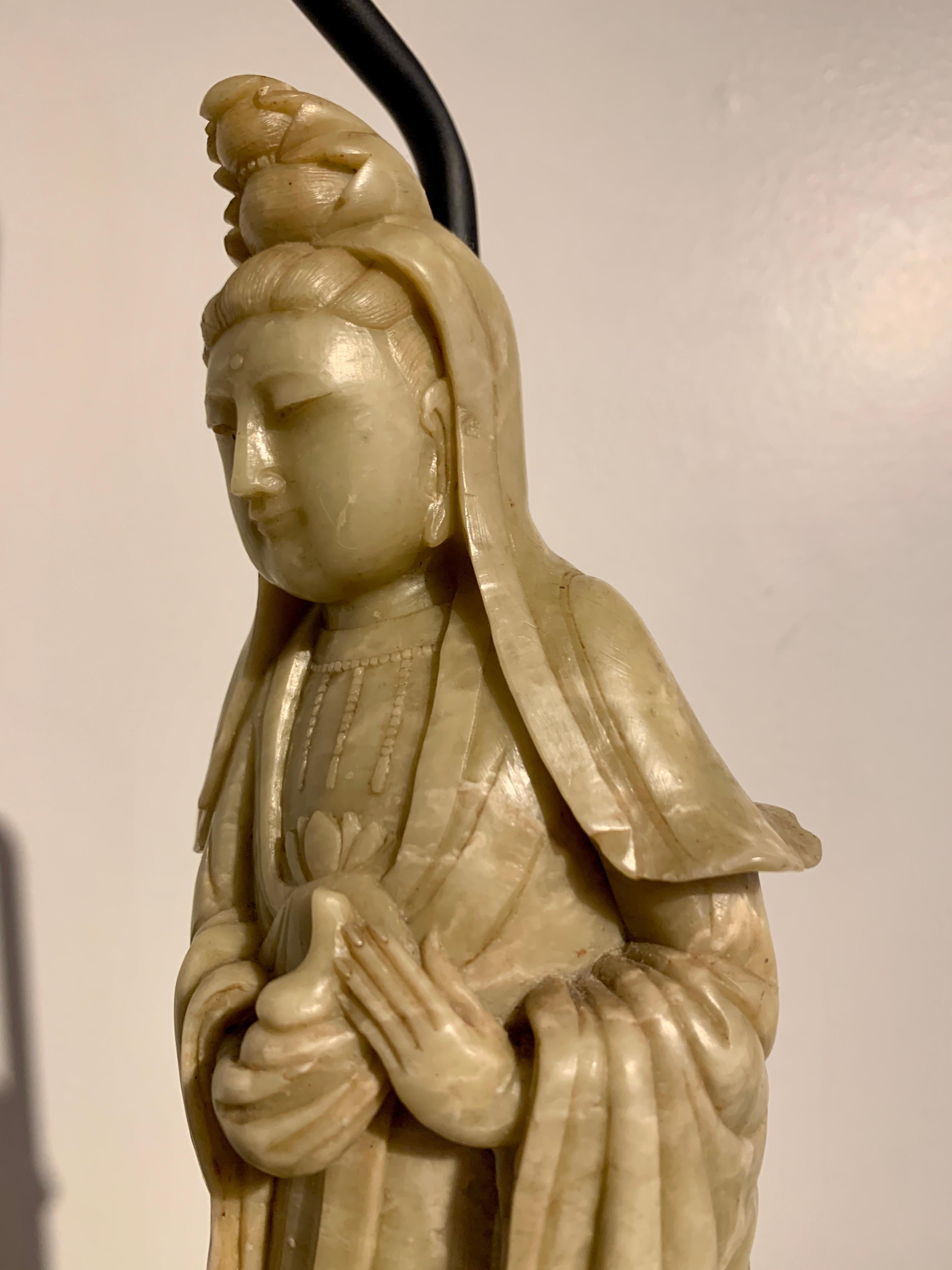 Carved Soapstone Guanyin and Attendant Lamp, Mid 20th Century, China and USA 4