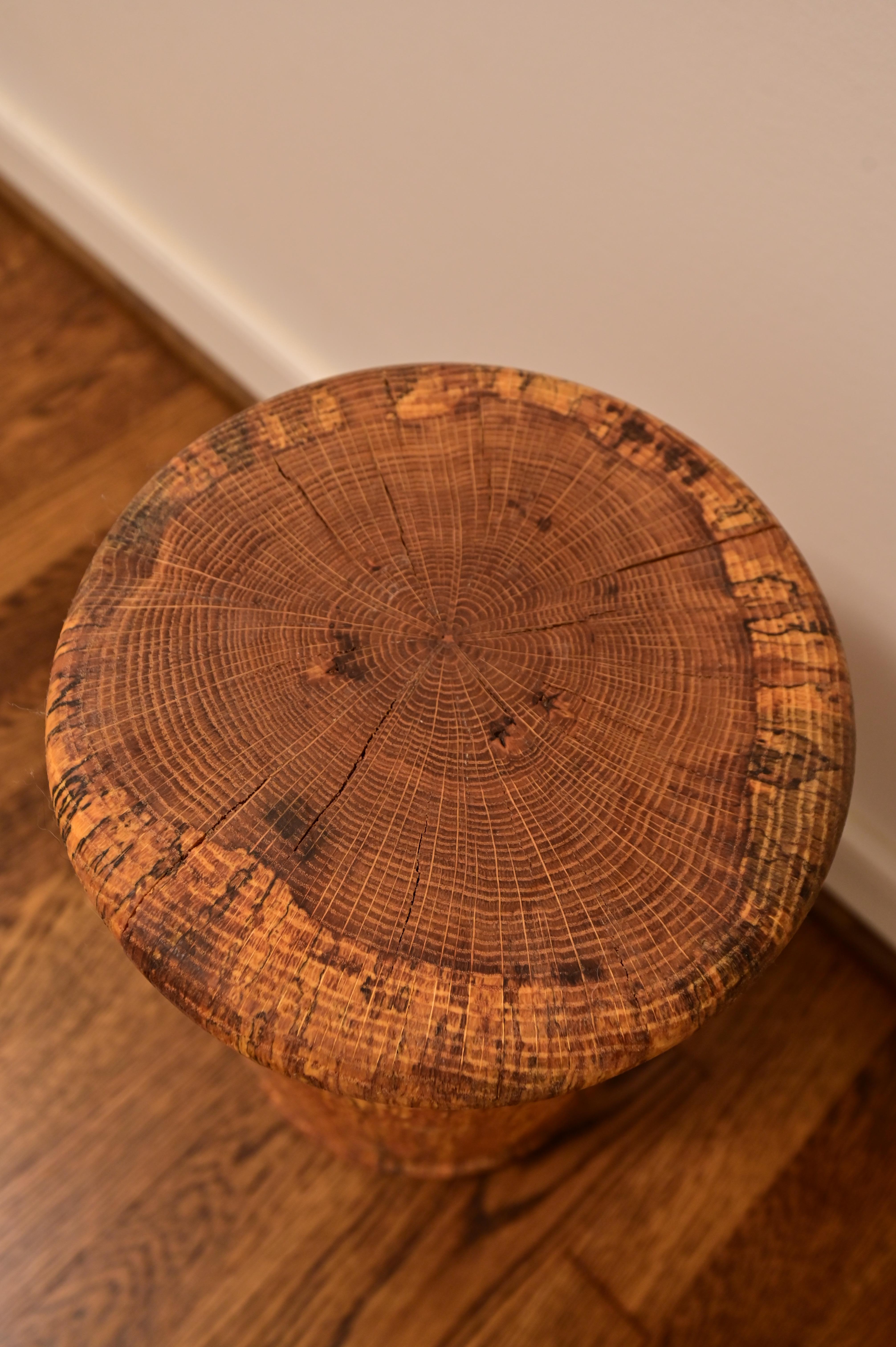 Hand carved end table from solid oak, original design. Brand new item made by the artist. Has large natural knot  as pictured. Organic and food safe wood finish, raw linseed oil. 9' diameter, 15