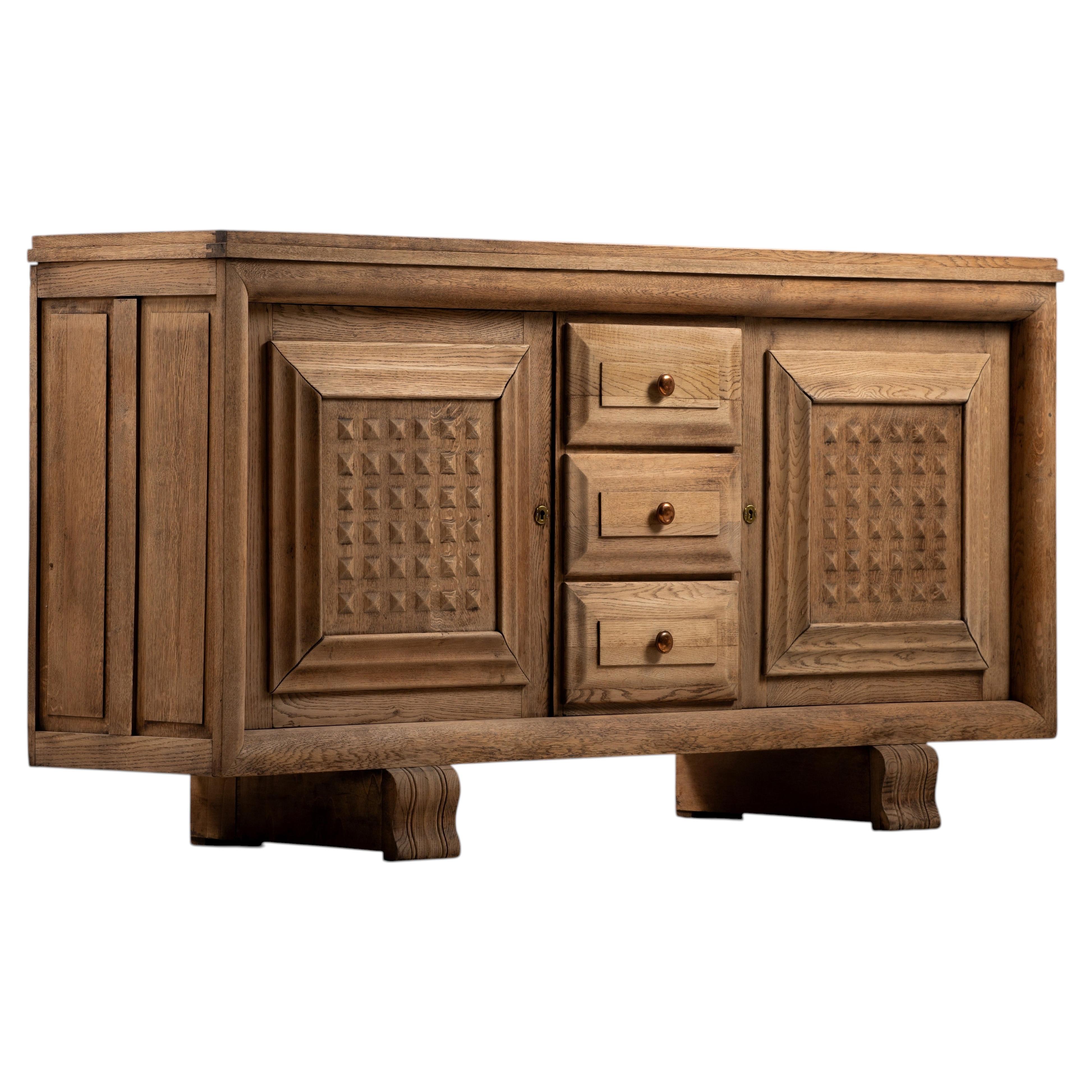 Carved Solid Oak Sideboard, France, 1940s