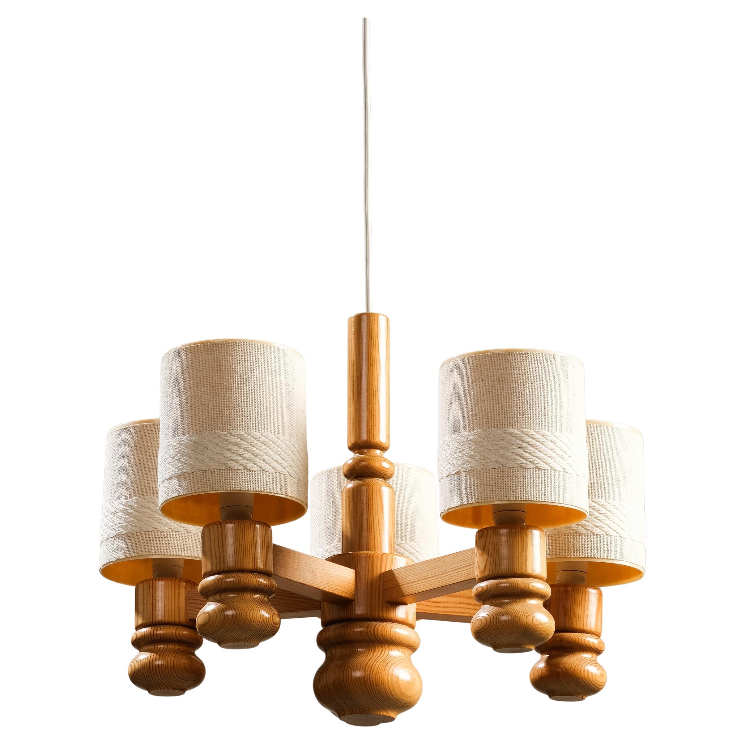 Carved Solid Pine Wood Chandelier by Solbackens Svarveri, Sweden, 1970s