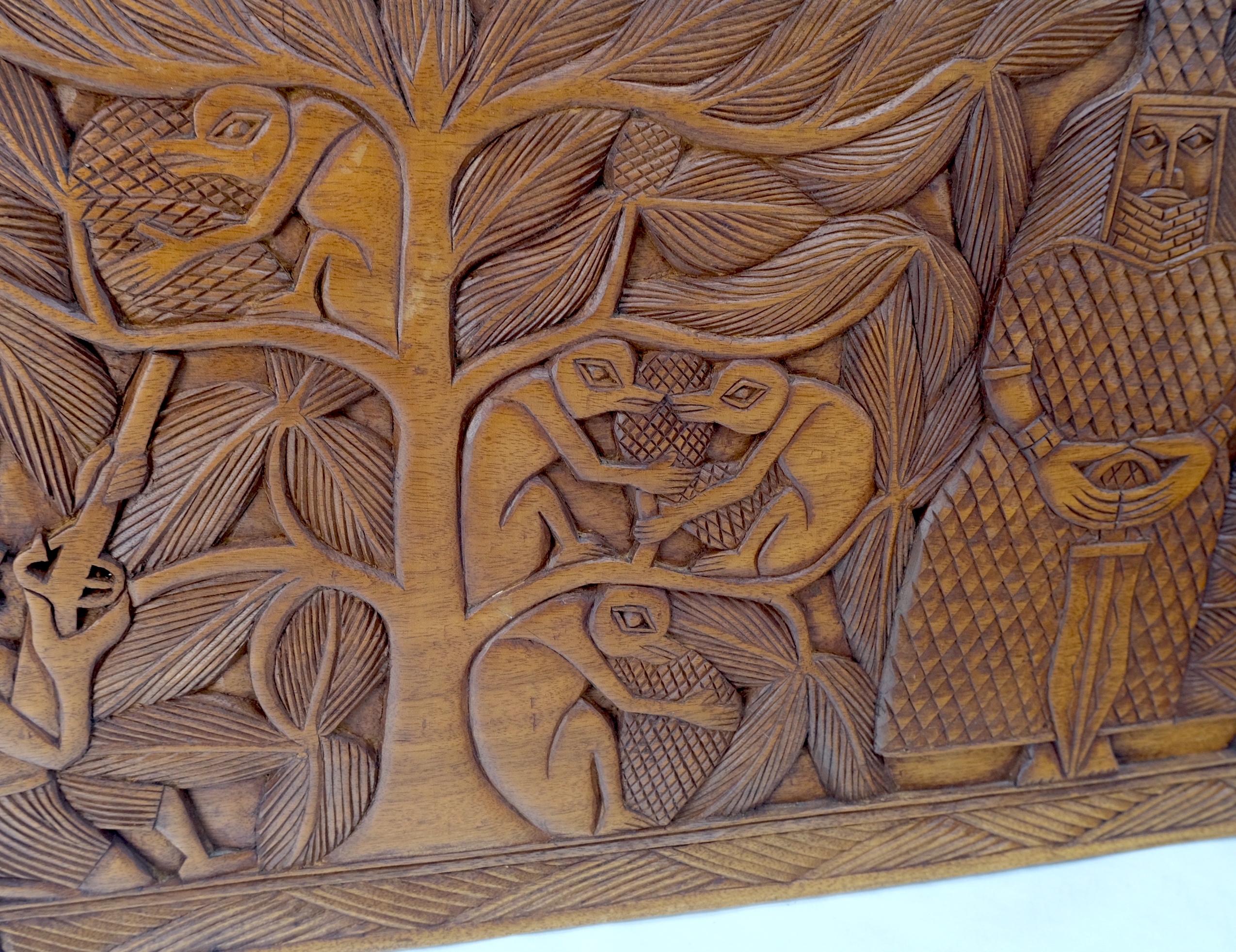 Carved Solid Teak Long Rectangle Wall Plaque Relief Sculpture Depicting Villager For Sale 5