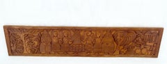 Carved Solid Teak Long Rectangle Wall Plaque Relief Sculpture Depicting Villager