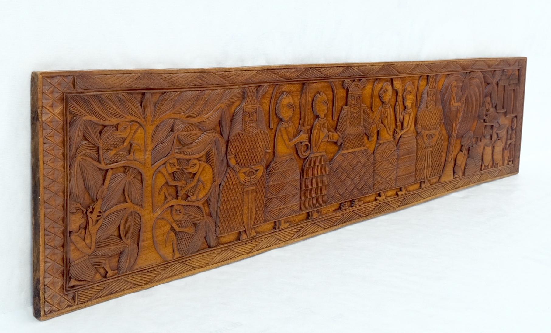 Unknown Carved Solid Teak Long Rectangle Wall Plaque Relief Sculpture Depicting Villager For Sale
