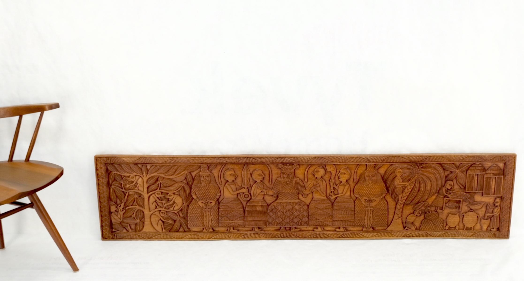 Unknown Carved Solid Teak Long Rectangle Wall Plaque Relief Sculpture Depicting Villager For Sale