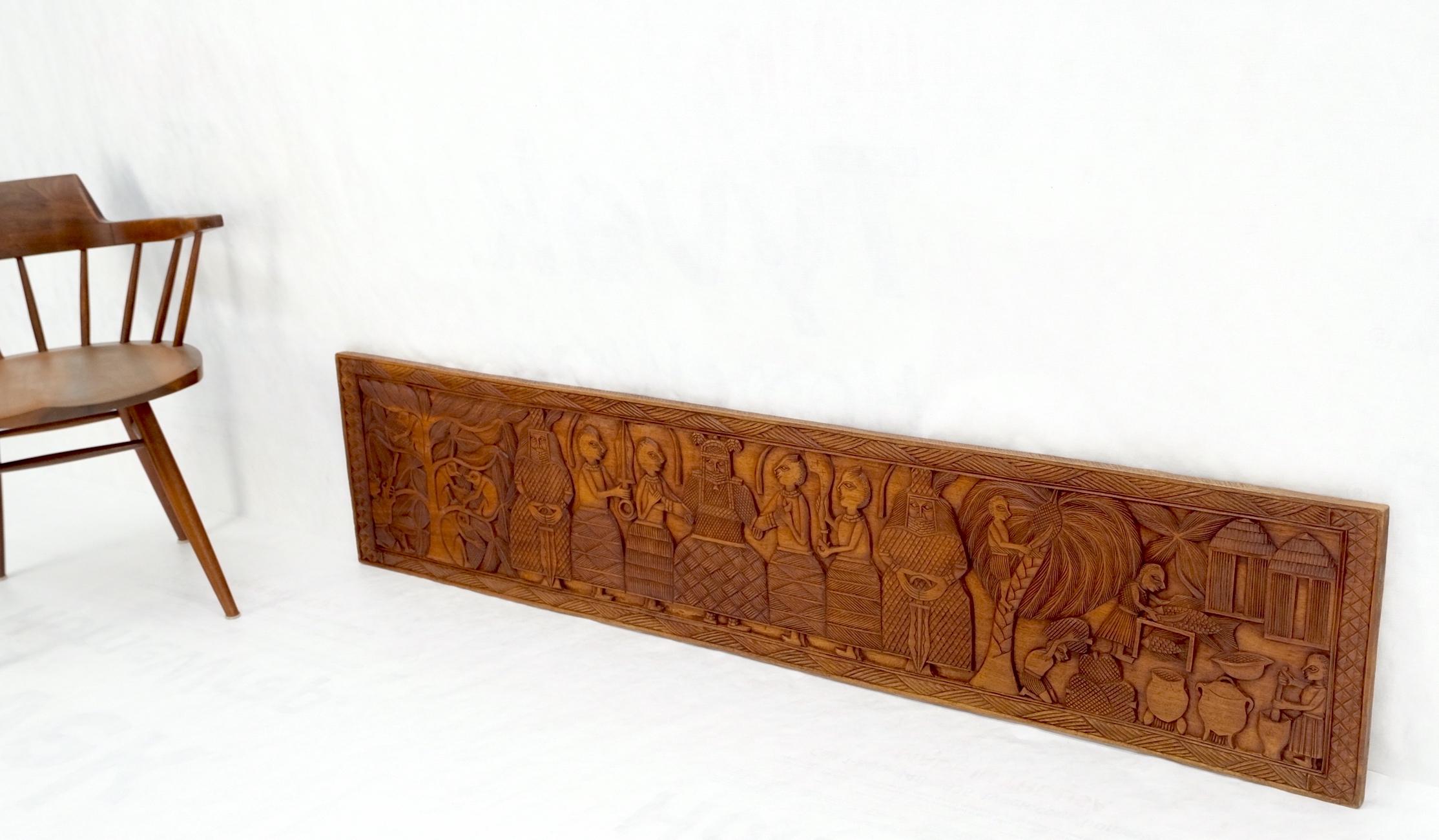20th Century Carved Solid Teak Long Rectangle Wall Plaque Relief Sculpture Depicting Villager For Sale