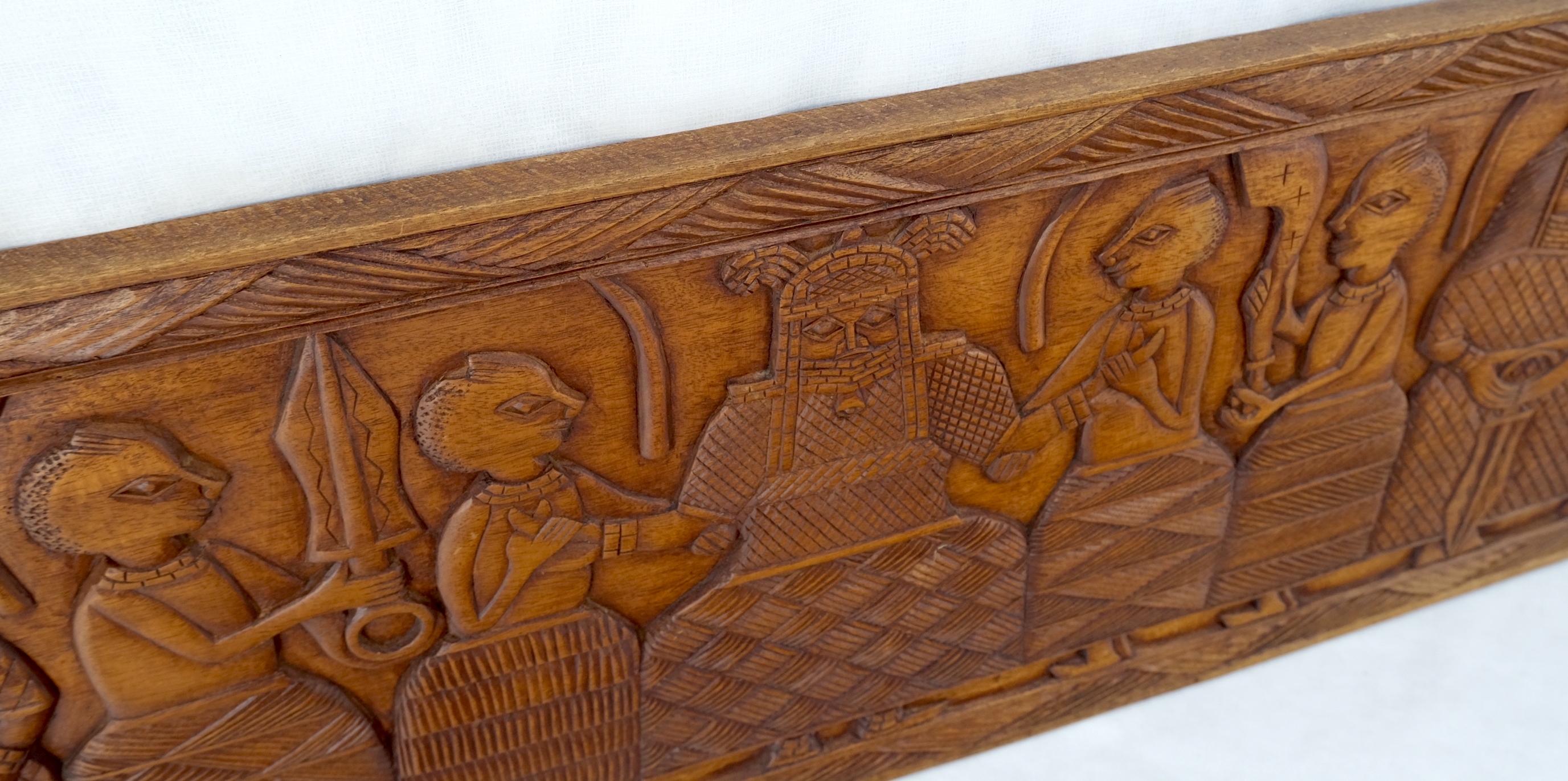 20th Century Carved Solid Teak Long Rectangle Wall Plaque Relief Sculpture Depicting Villager For Sale