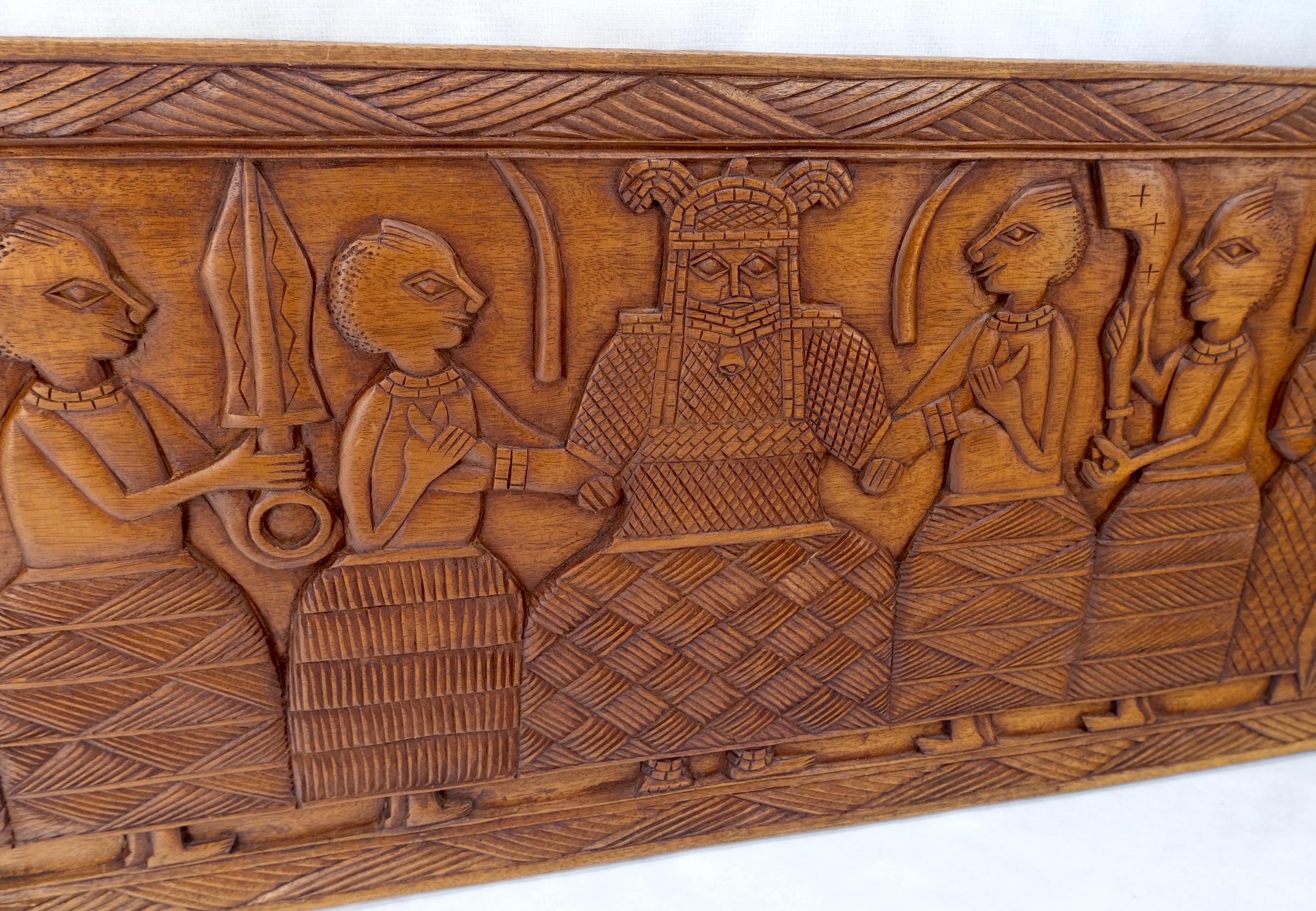 Carved Solid Teak Long Rectangle Wall Plaque Relief Sculpture Depicting Villager For Sale 1