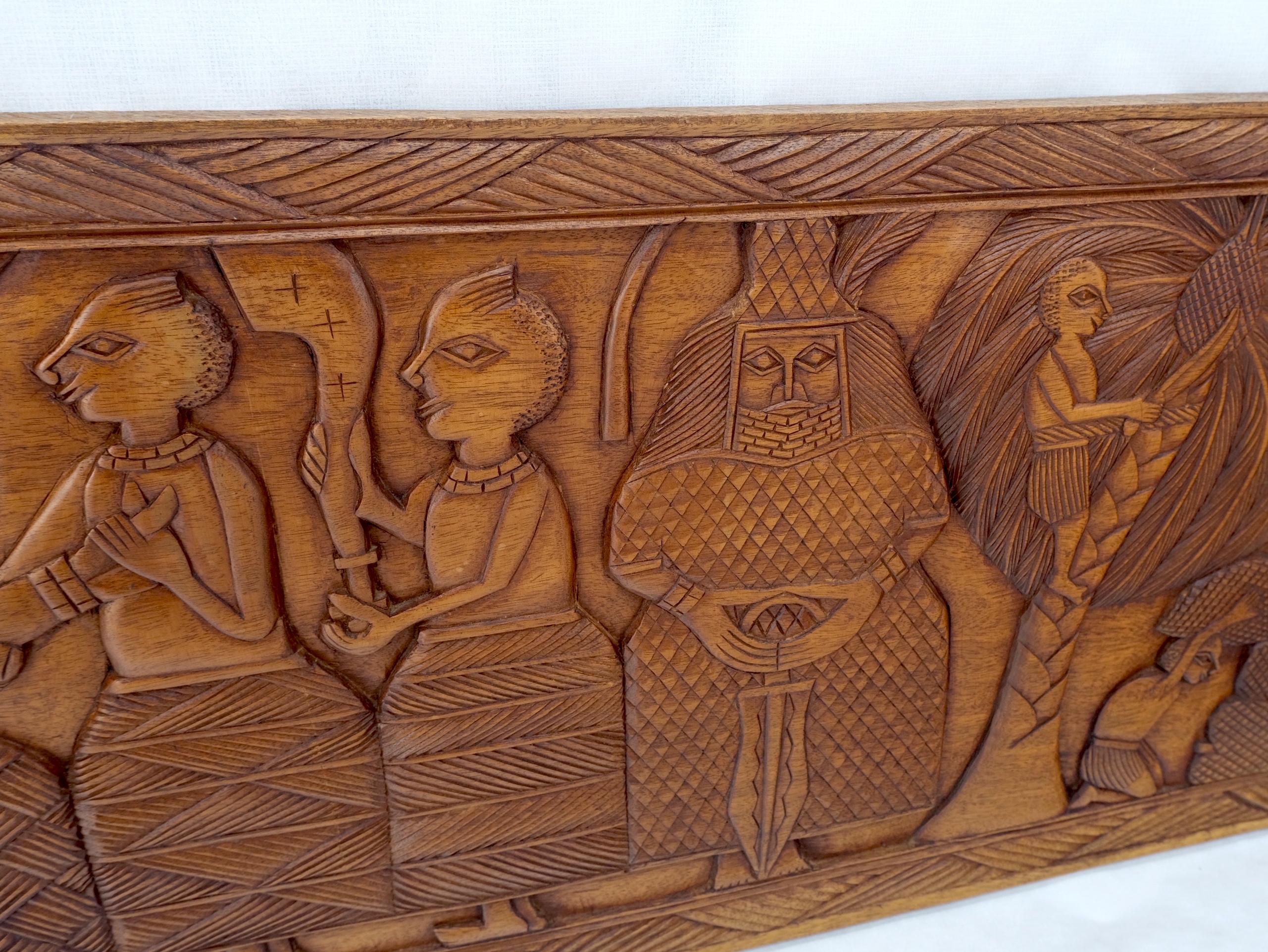 Carved Solid Teak Long Rectangle Wall Plaque Relief Sculpture Depicting Villager For Sale 2
