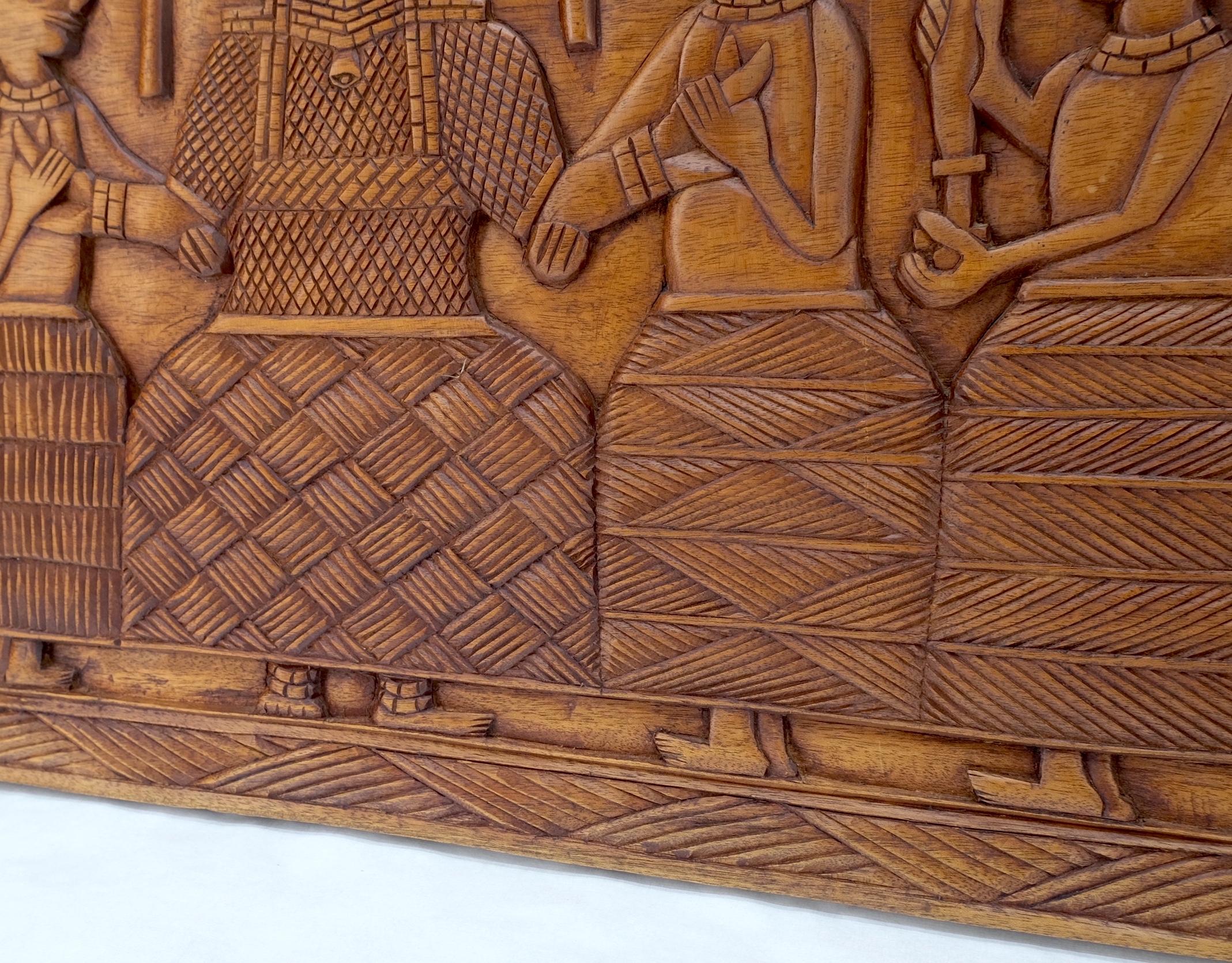 Carved Solid Teak Long Rectangle Wall Plaque Relief Sculpture Depicting Villager For Sale 4