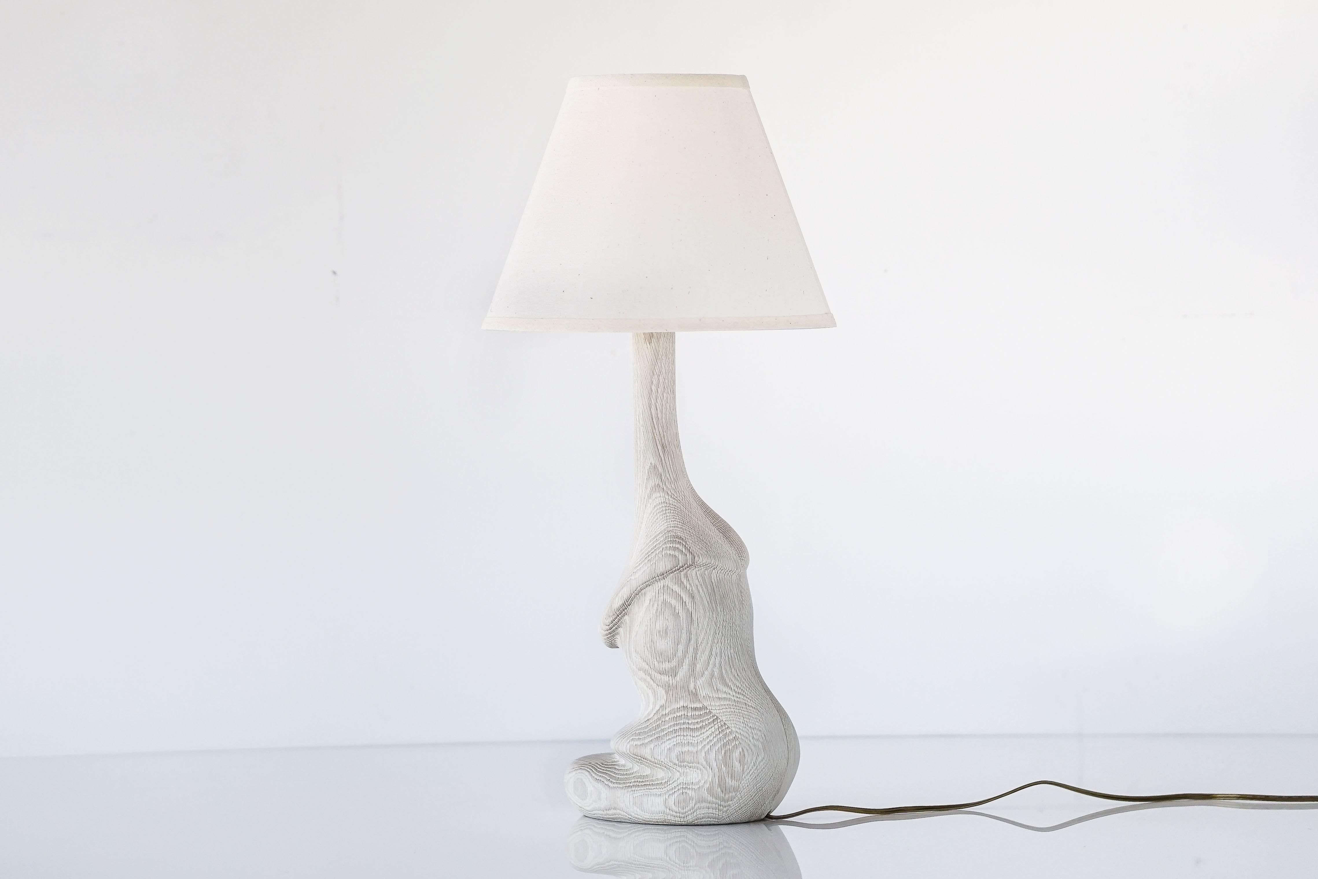 Organic Modern Carved Solid White Oakwood Fungi Organic Table Lamp with White Linen Lamp Shade For Sale