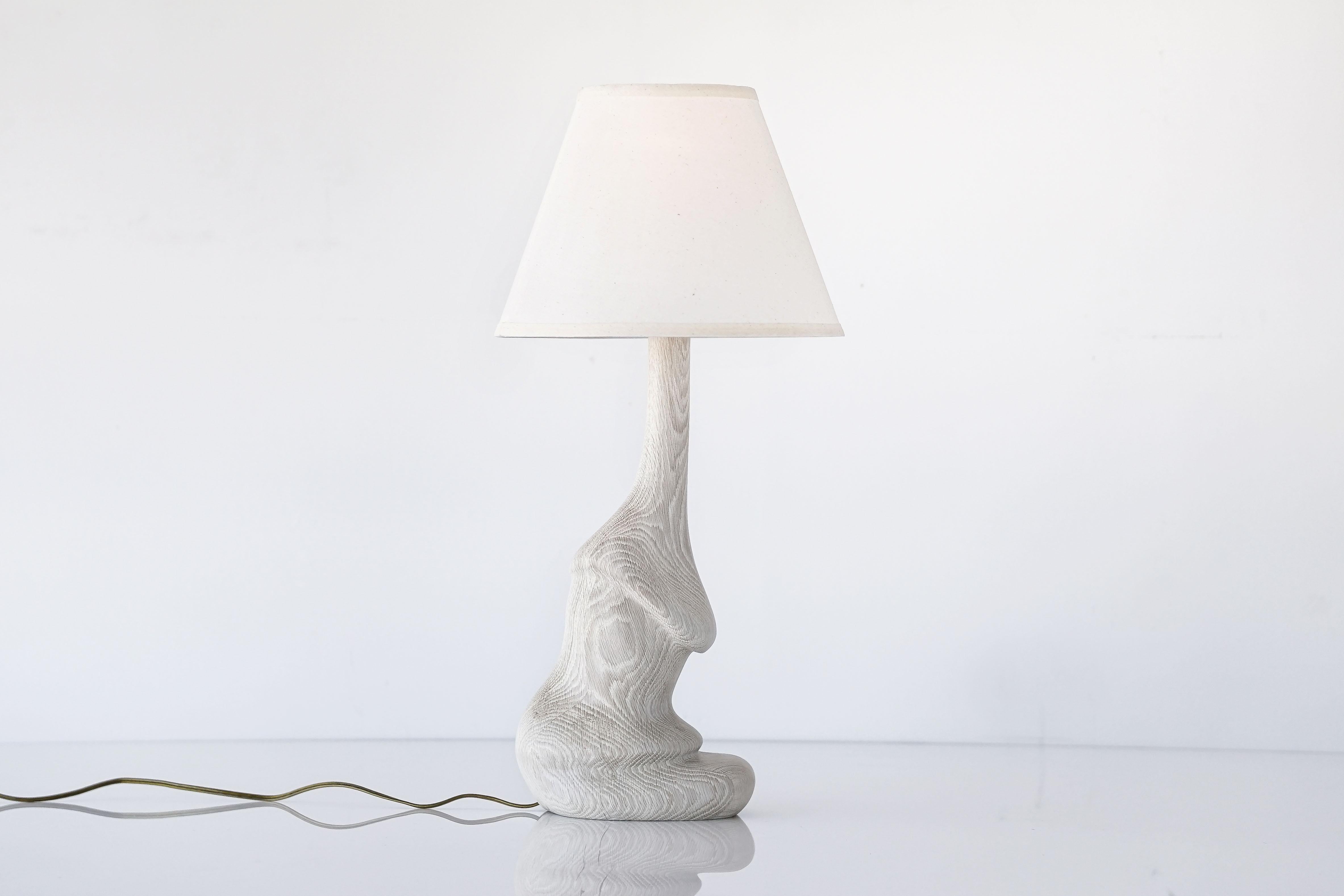 Bleached Carved Solid White Oakwood Fungi Organic Table Lamp with White Linen Lamp Shade For Sale