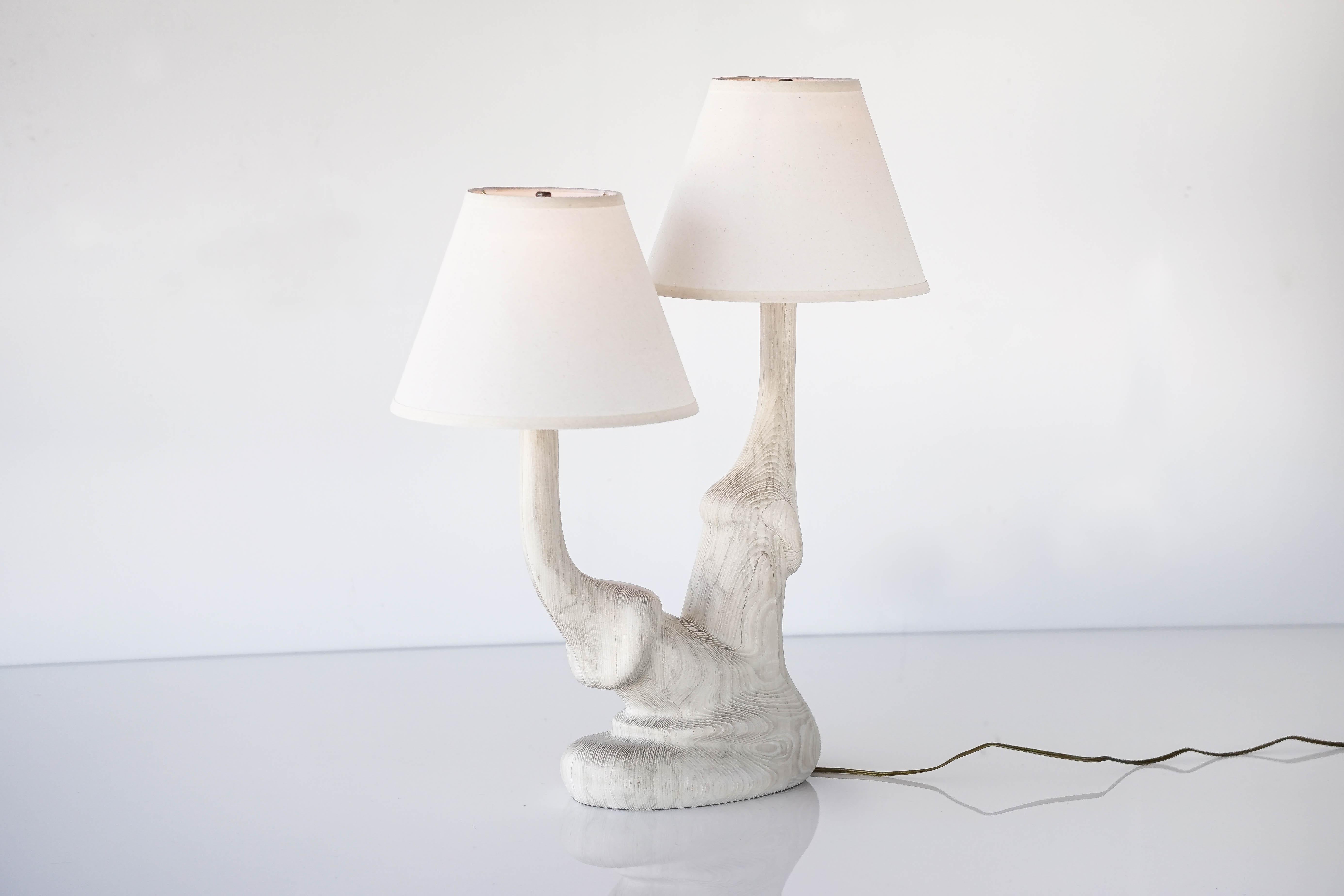 Carved solid white oak wood table lamp with double lamp shade inspired by mushrooms. 

Shown in bleached white oak with wax finish with white linen lamp shade. 

Custom wood types available. 

Custom lamp shade available.
