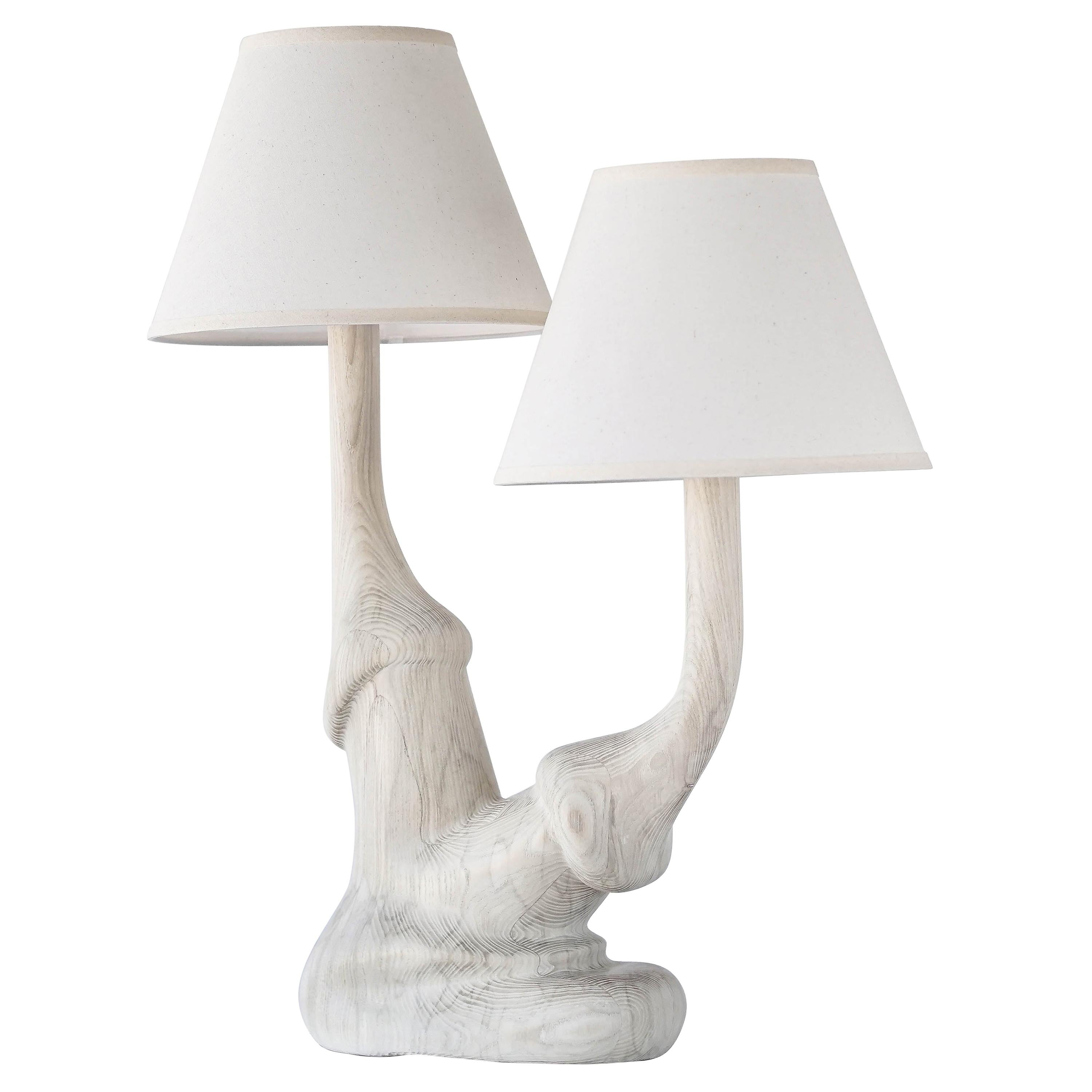 Carved Solid White Oak Wood Organic Table Lamp with Double Linen Lamp Shade For Sale