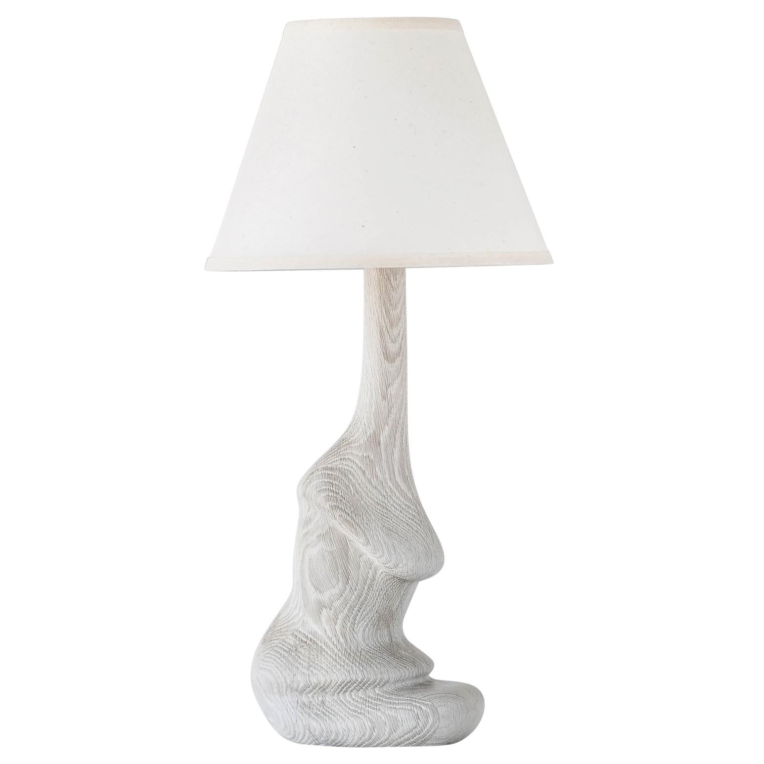 Carved Solid White Oakwood Fungi Organic Table Lamp with White Linen Lamp Shade For Sale