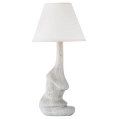 Carved Solid White Oakwood Fungi Organic Table Lamp with White Linen Lamp Shade