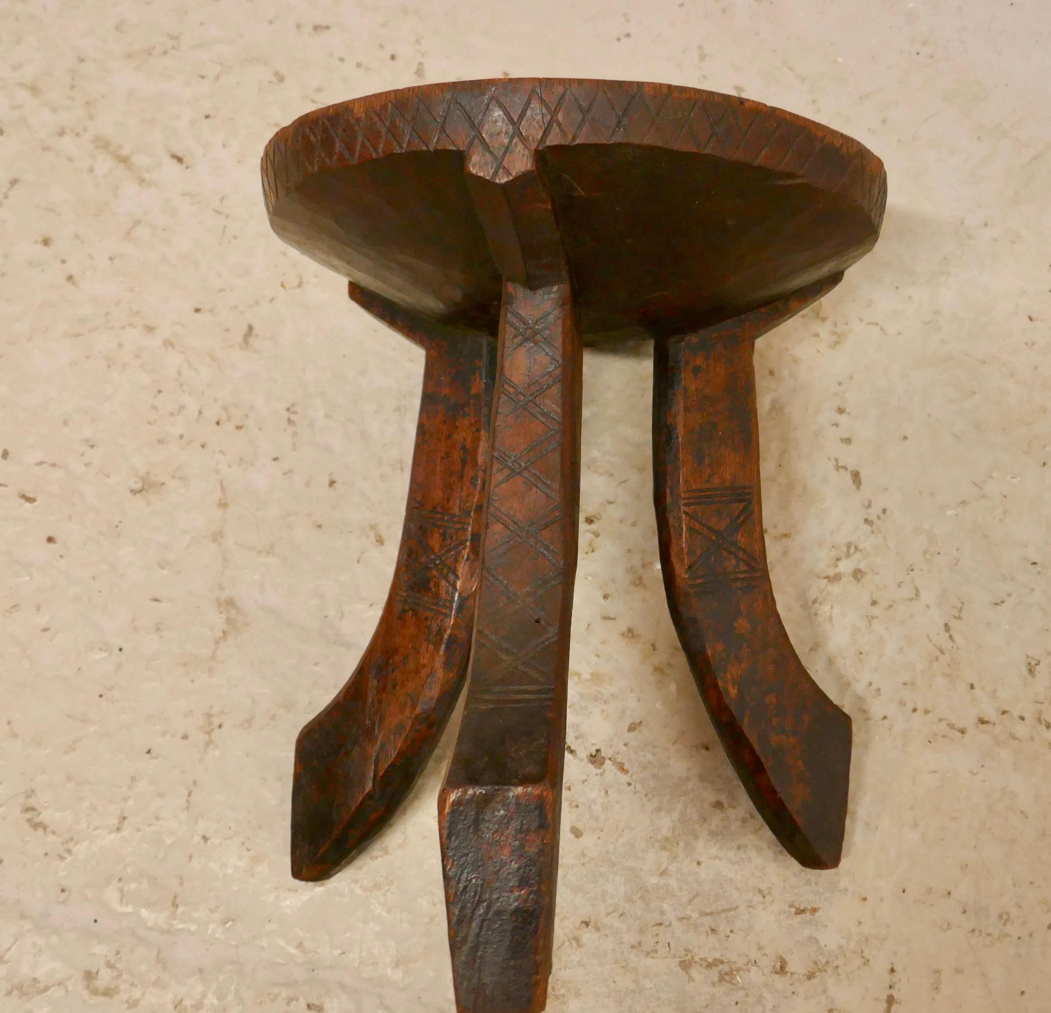 19th Century Carved Solid Wood African 3-Legged Stool